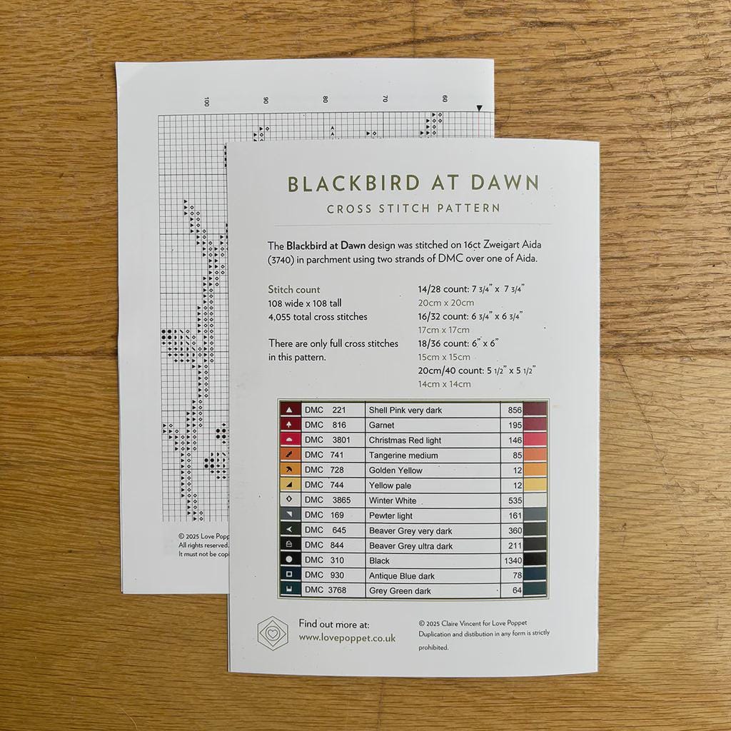 Blackbird At Dawn Counted Cross Stitch Pattern Leaflet by Love Poppet - Printed Pattern