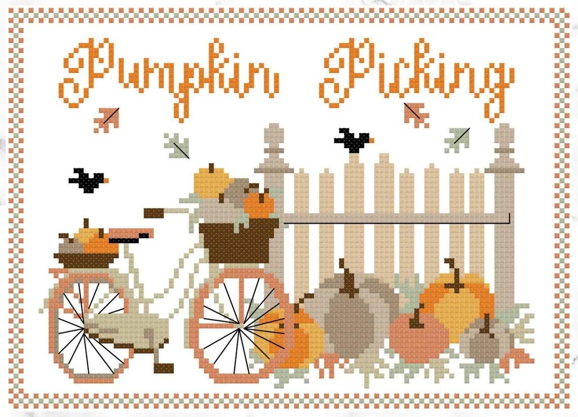 Pumpkin Picking counted cross stitch pattern by Anabella's - Printed Pattern