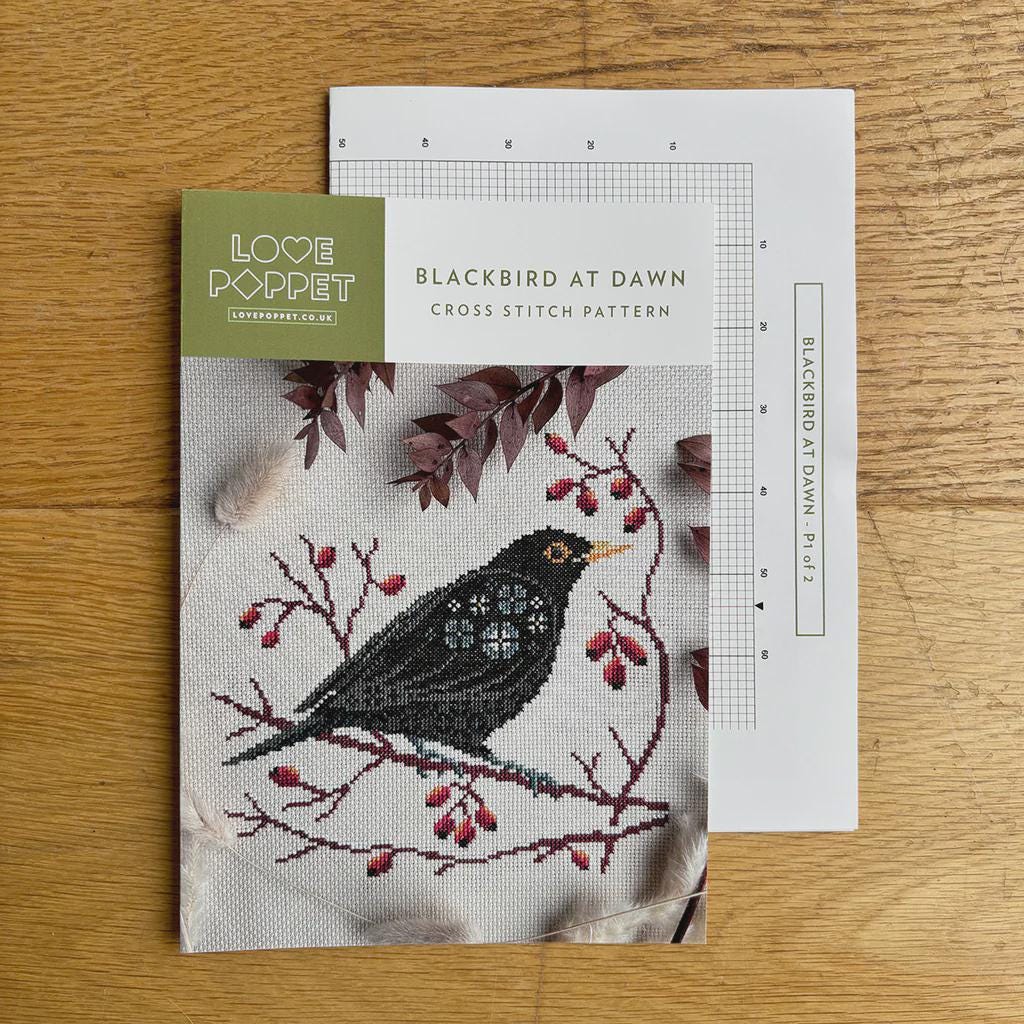 Blackbird At Dawn Counted Cross Stitch Pattern Leaflet by Love Poppet - Printed Pattern
