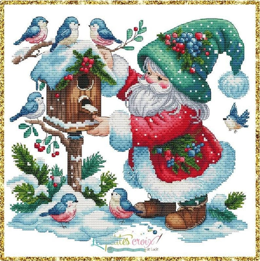 Christmas Father and Birds counted cross stitch pattern by Les petites Croix de Lucie