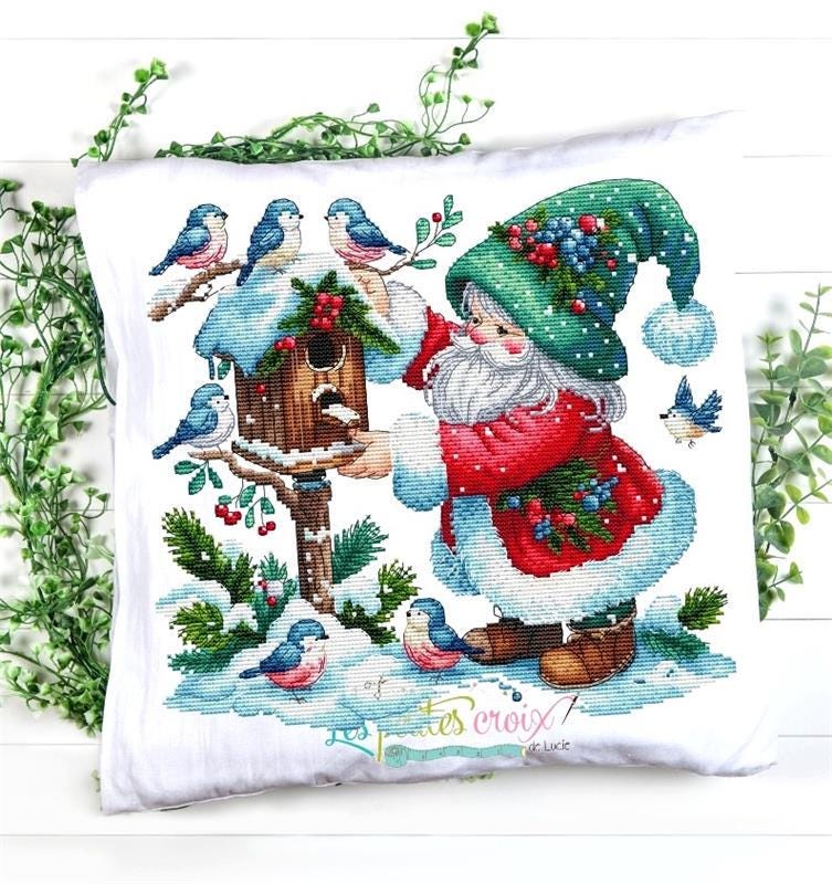 Christmas Father and Birds counted cross stitch pattern by Les petites Croix de Lucie
