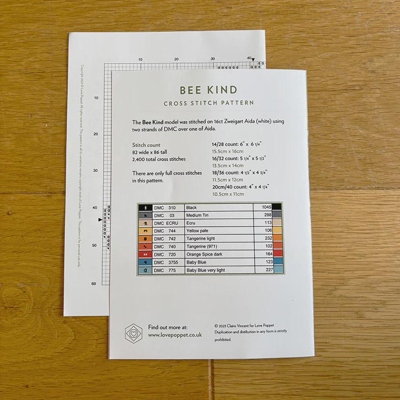 Bee Kind Counted Cross Stitch Pattern Leaflet by Love Poppet - Printed Pattern