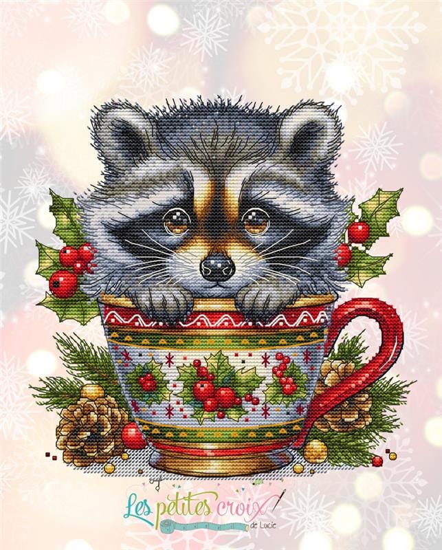 Christmas Animal Cup #4 Raccoon counted cross stitch leaflet by Les petites Croix de Lucie