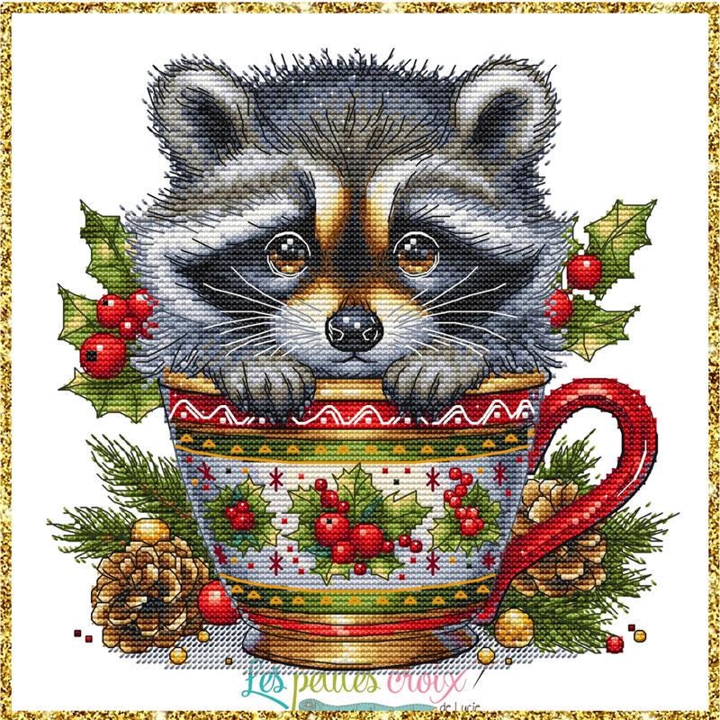 Christmas Animal Cup #4 Raccoon counted cross stitch leaflet by Les petites Croix de Lucie