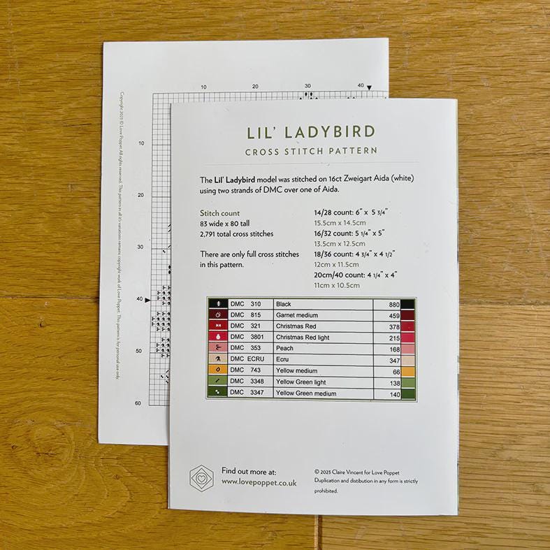 Lil' Ladybird Counted Cross Stitch Pattern Leaflet by Love Poppet - Printed Pattern
