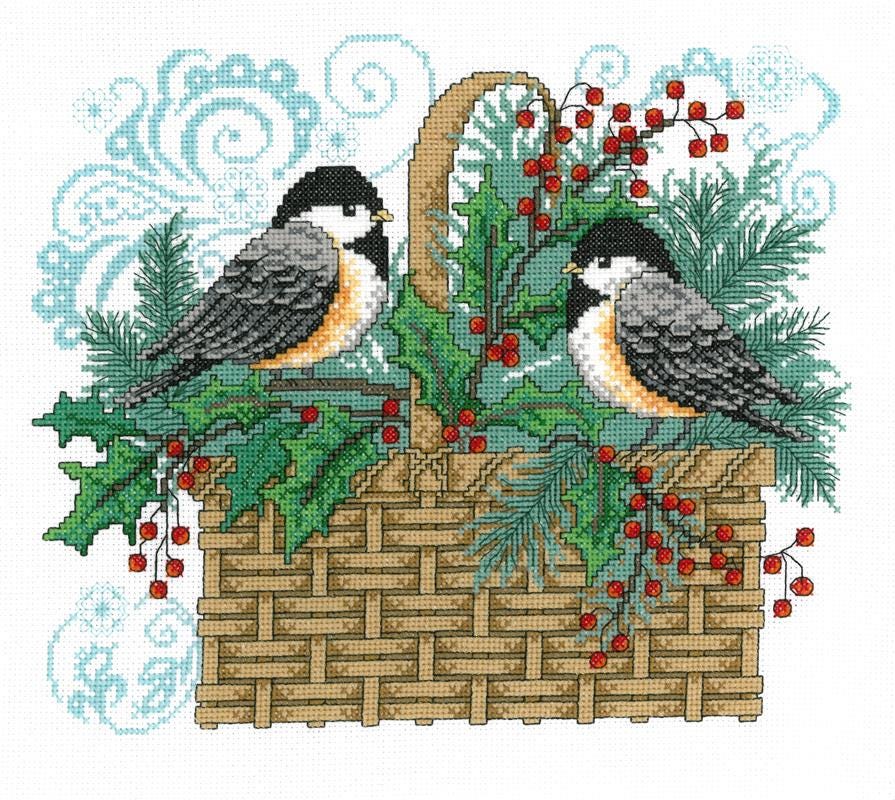 Diane Arthurs Counted Cross Stitch Pattern ~ Winter Chickadee Basket