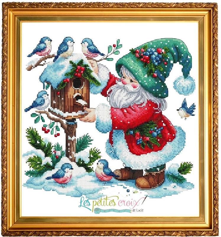 Christmas Father and Birds counted cross stitch pattern by Les petites Croix de Lucie