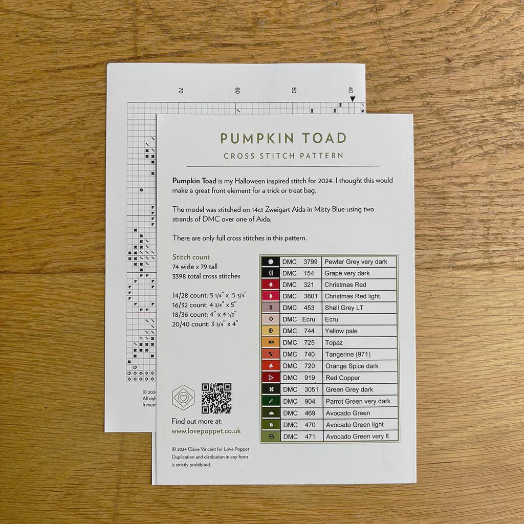 Pumpkin Toad Counted Cross Stitch Pattern Leaflet by Love Poppet - Printed Pattern
