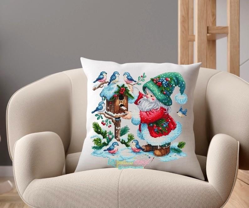 Christmas Father and Birds counted cross stitch pattern by Les petites Croix de Lucie