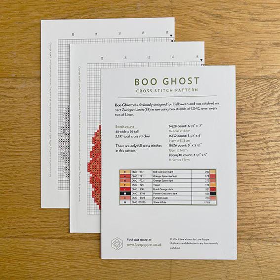 Boo Ghost Counted Cross Stitch Pattern Leaflet by Love Poppet - Printed Pattern